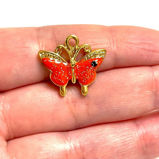 Gold Plated Enamel Glittery Butterfly 2 - Pomegranate Blossom