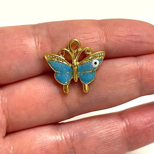 Gold Plated Enamel Glittery Butterfly 2 - Blue
