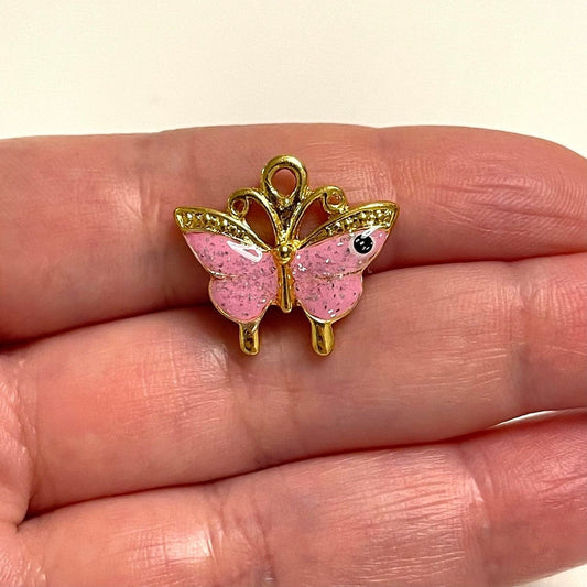Gold Plated Enamel Glittery Butterfly 2 - Pink