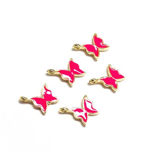 Gold Plated Enamel Butterfly Shaking Attachment - Neon Pink