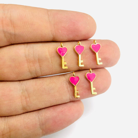 Gold-Plated Enameled Heart Key Shake Apparatus- Pink