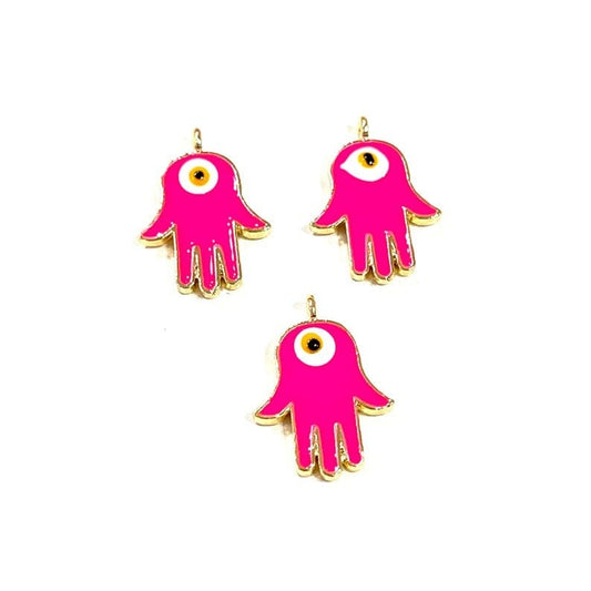 Gold Plated Enamel Fatma Mother Hand Apparatus - Neon Pink