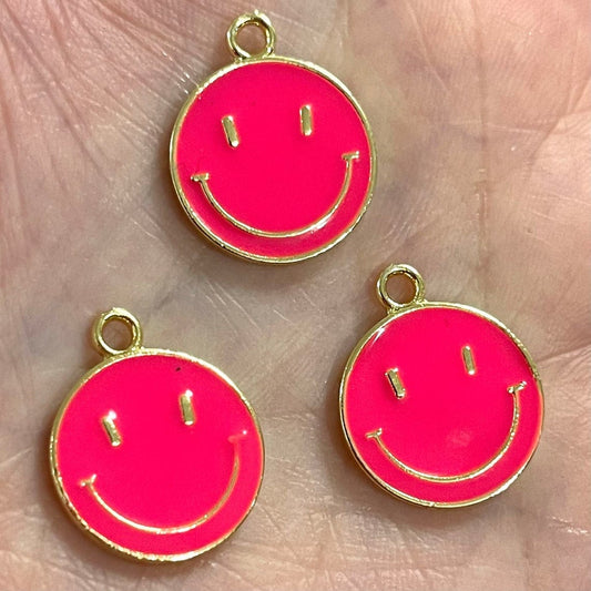 Gold Plated Enamel Smiley Face - Neon Pink