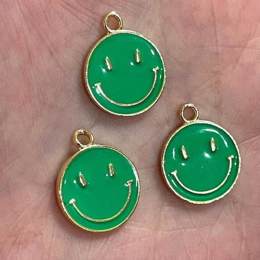 Gold Plated Enamel Smiley Face - Neon Green