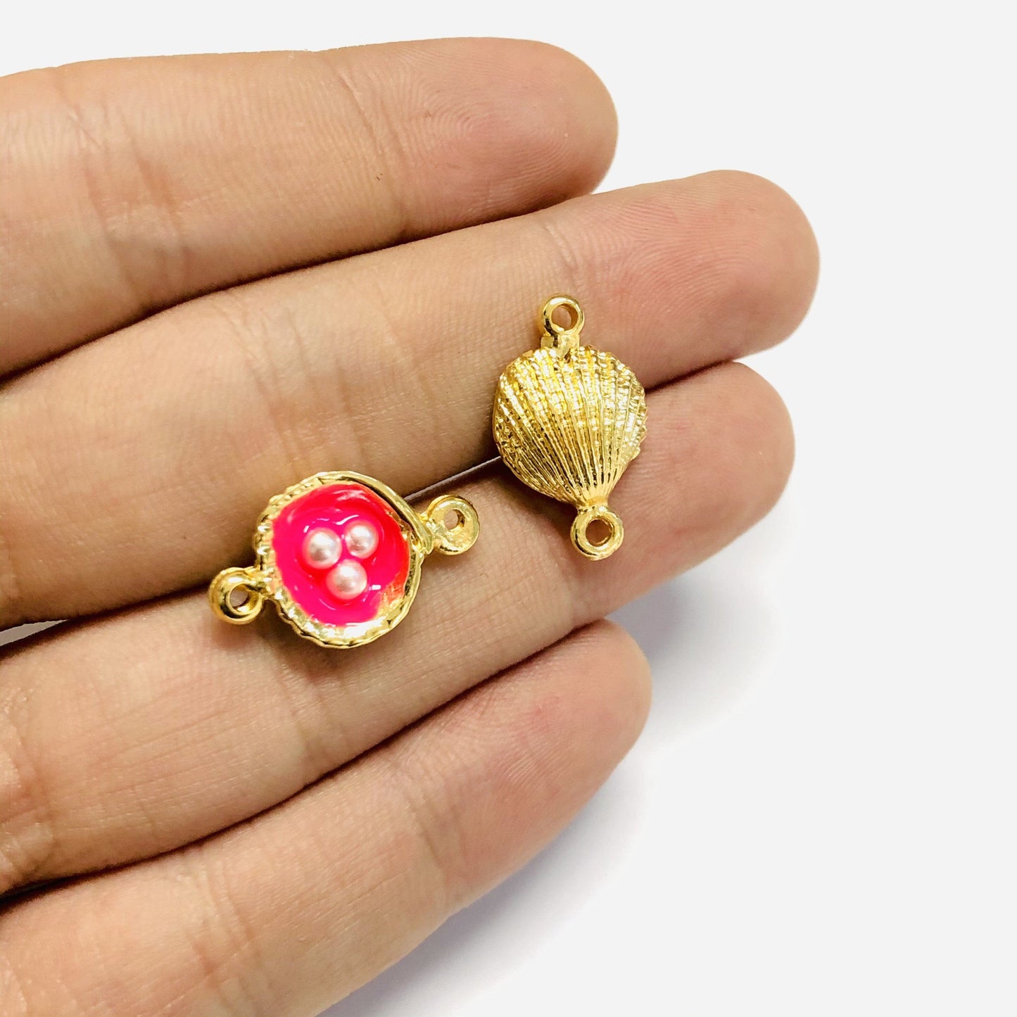 Gold Plated Enamel Pearl Oyster Bracelet Attachment Small Size - Neon Pink