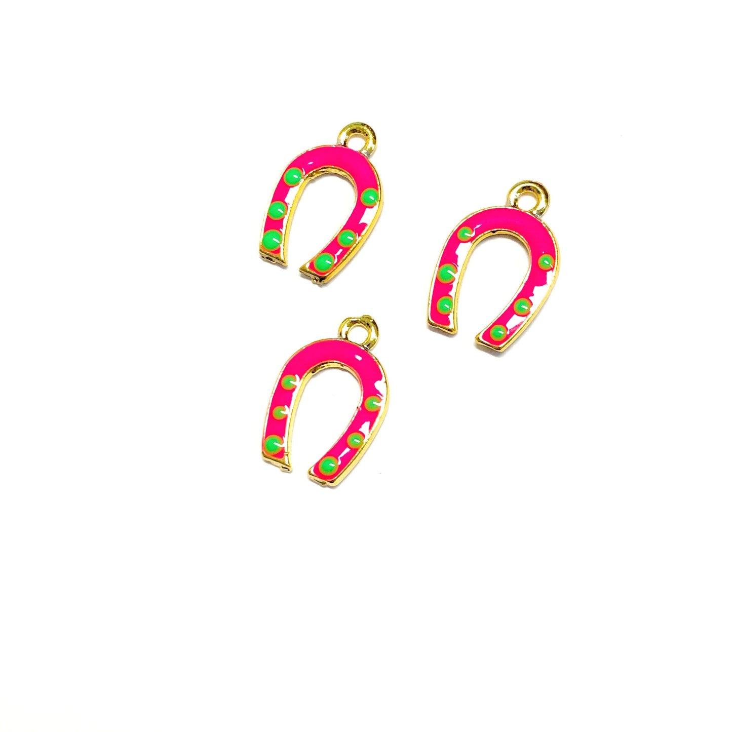 Gold Plated Enamel Horseshoe Shaking Attachment - Neon Pink, Green