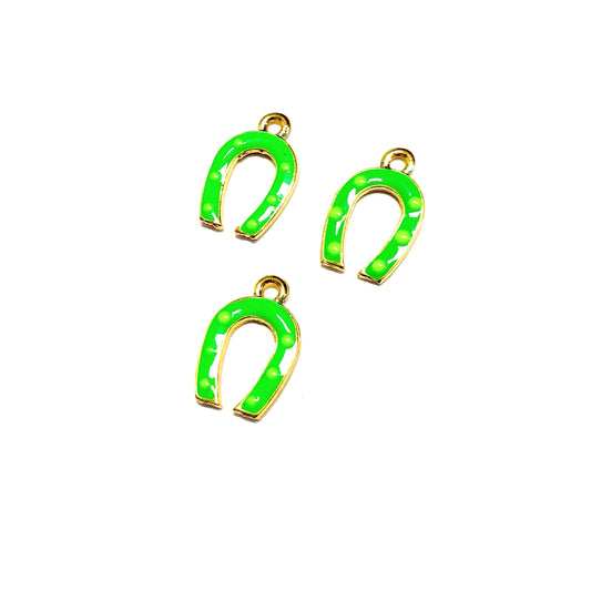 Gold Plated Enamel Horseshoe Shaking Attachment - Neon Green, Green