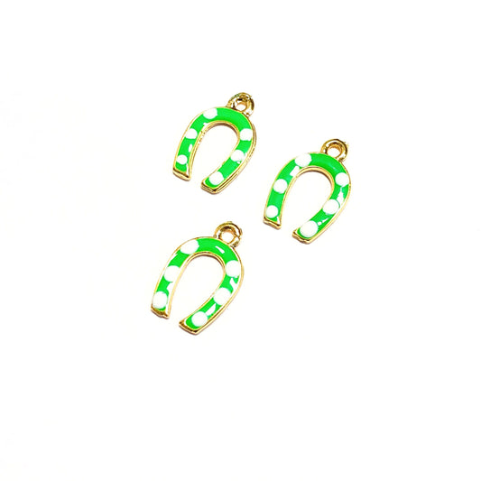 Gold Plated Enamel Horseshoe Shaking Attachment - Neon Green, White