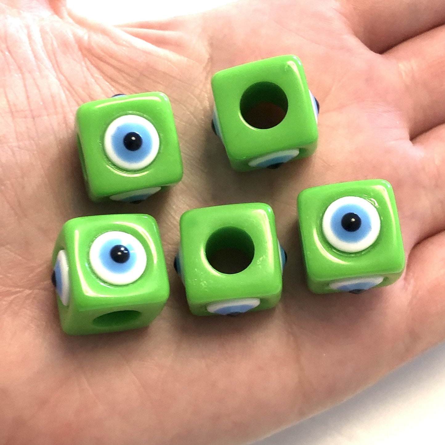 Acrylic Cube Evil Eye Beads - Green 