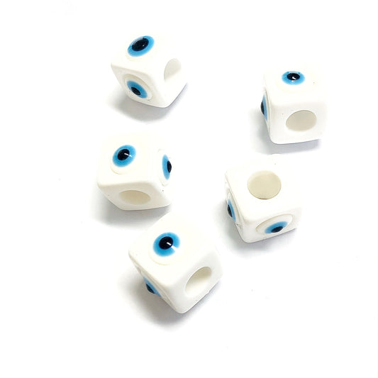 Acrylic Cube Evil Eye Beads - White 