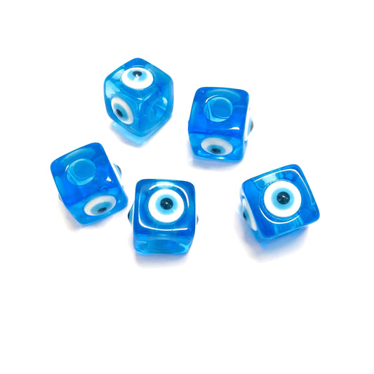 Acrylic Cube Evil Eye Beads - Transparent Blue 