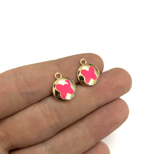 Brass Gold Plated Enamel Butterfly Shaking Attachment - Neon Pink