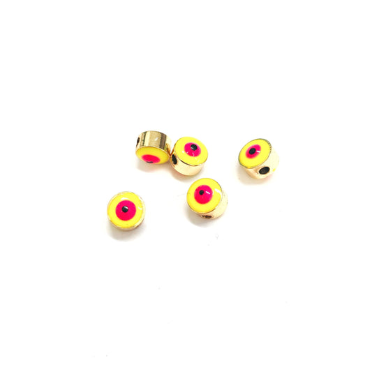 Gold Plated Plastered Evil Eye Beads 7mm - Neon Yellow 