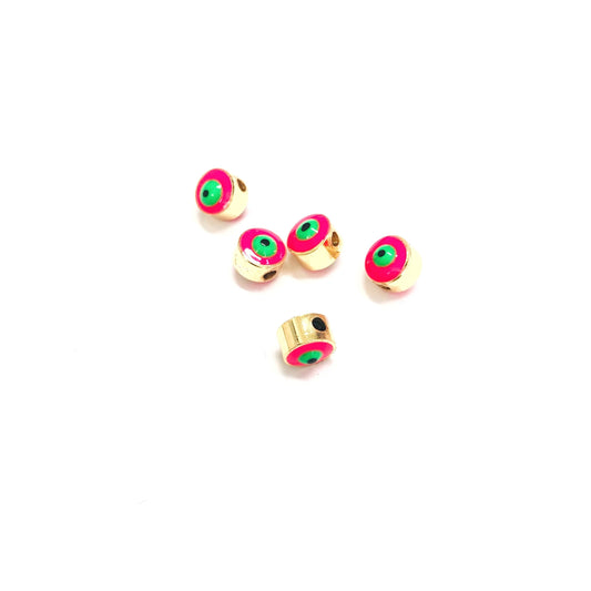 Gold Plated Plastered Evil Eye Beads 7mm - Neon Pink 