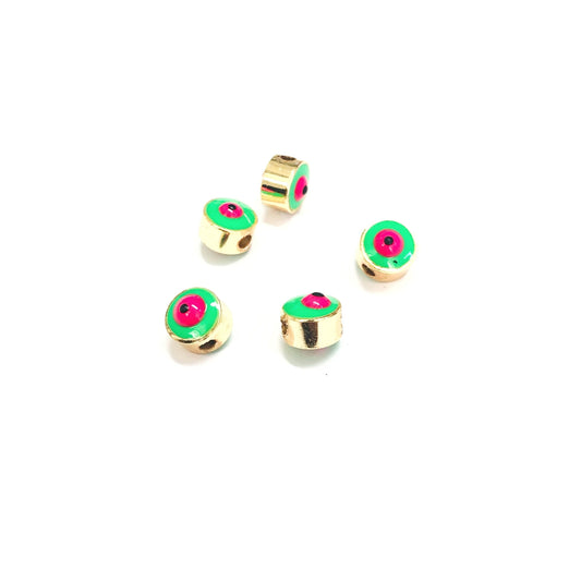Gold Plated Plastered Evil Eye Beads 7mm - Neon Green 