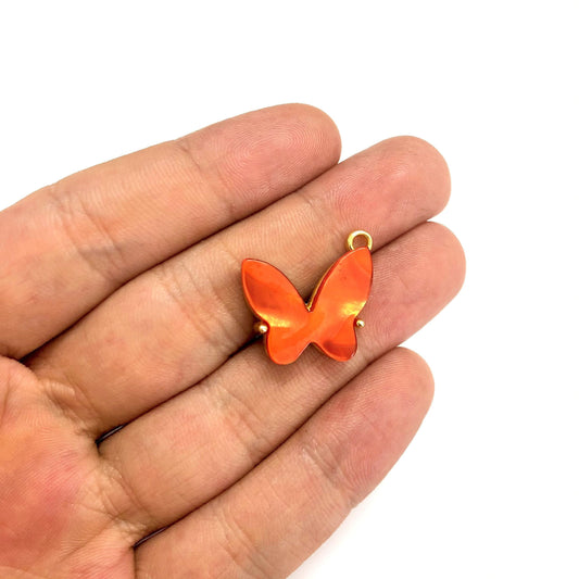 Gold Plated Oval Butterfly Pendant, Large - Red 
