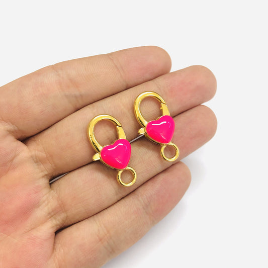 Gold Plated Enamel Heart Jewelry Clip - Neon Pink