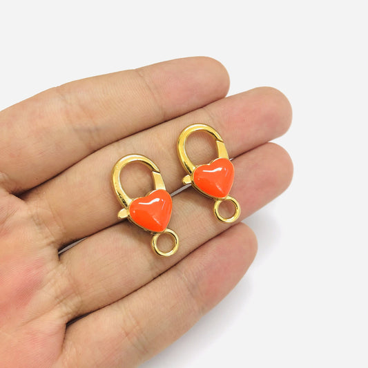 Gold Plated Enamel Heart Jewelry Clip - Neon Orange