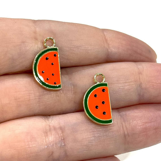 Gold Plated Enameled Watermelon Shaking Attachment - Neon Orange