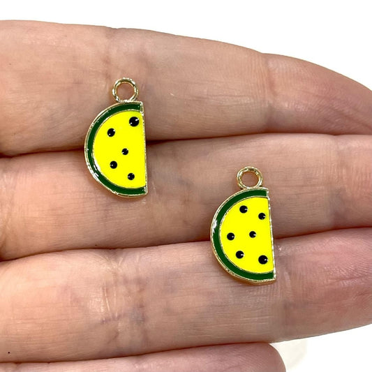 Gold Plated Enameled Watermelon Shaking Attachment - Neon Yellow