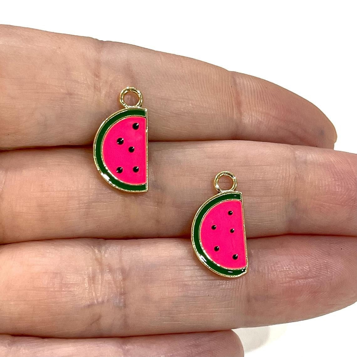 Gold Plated Enameled Watermelon Shaking Attachment - Neon Pink