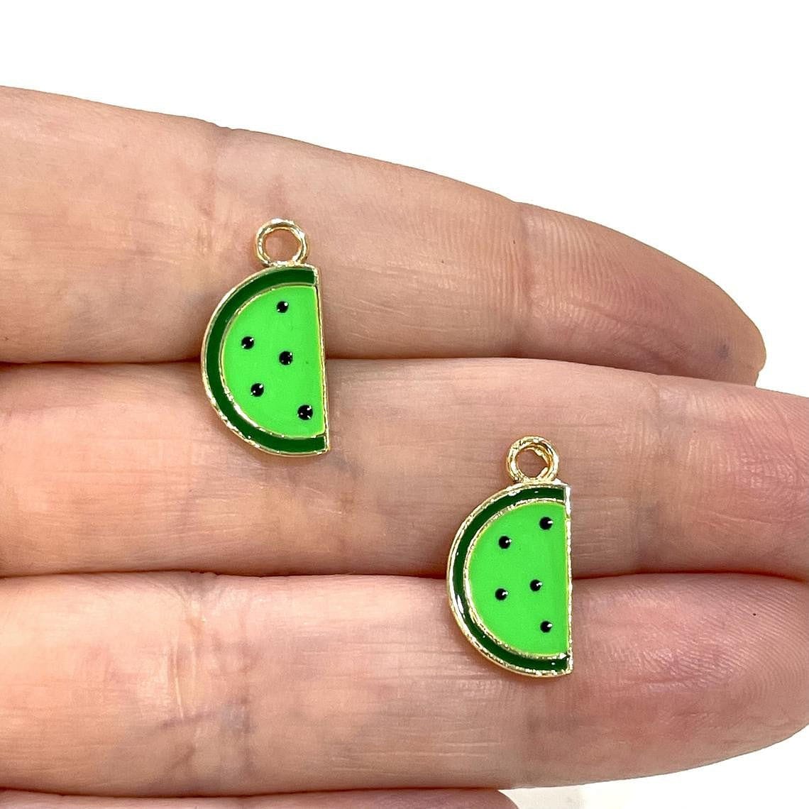 Gold Plated Enameled Watermelon Shaking Attachment - Neon Green