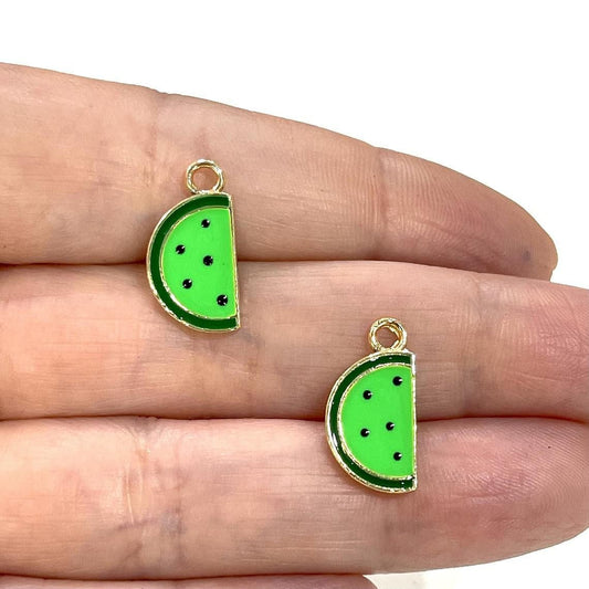 Gold Plated Enameled Watermelon Shaking Attachment - Neon Green