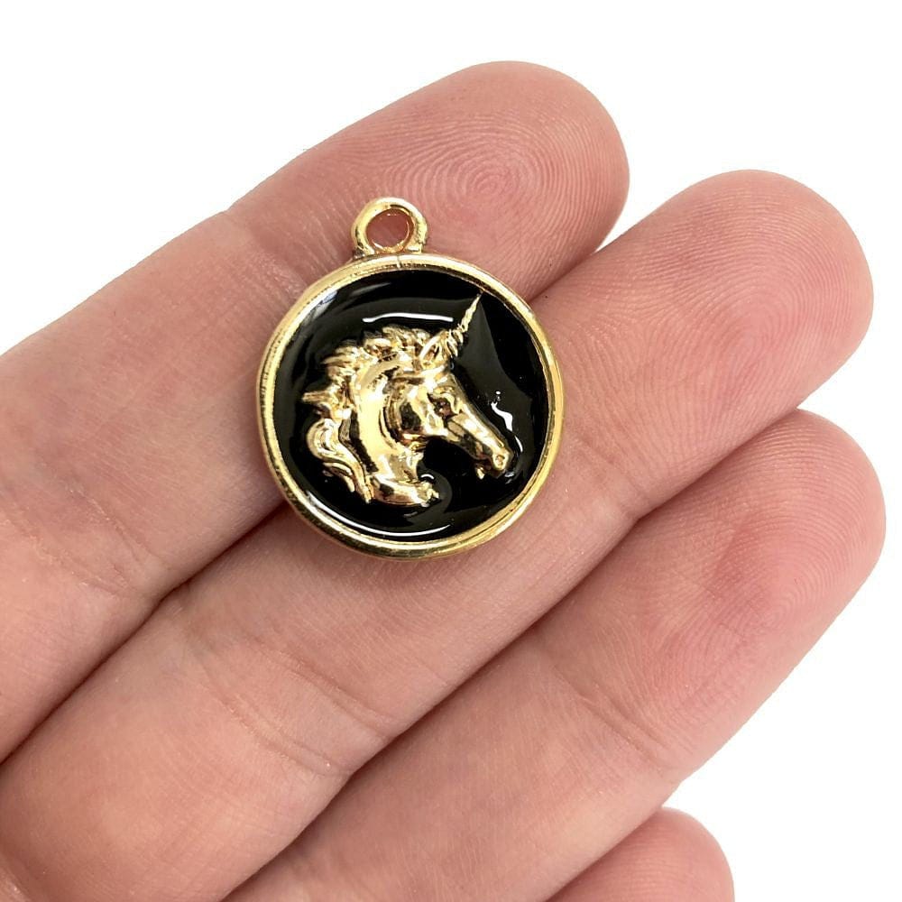 Altın Kaplama Mineli Unicorn Madalyon - Siyah