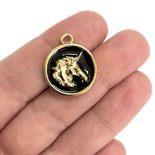 Altın Kaplama Mineli Unicorn Madalyon - Siyah
