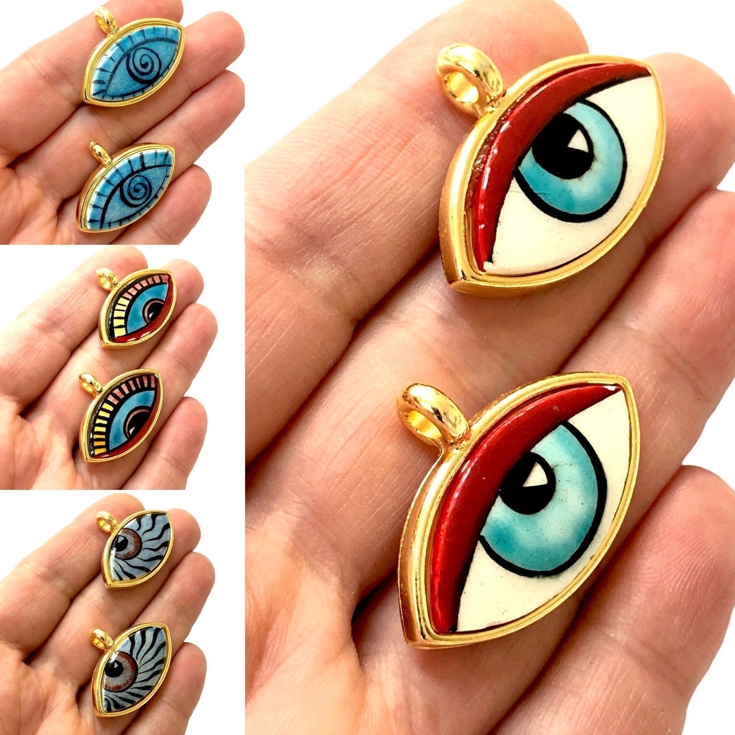 Large Gold Plated Framed Hand Painted Ceramic Eye Pendant-018