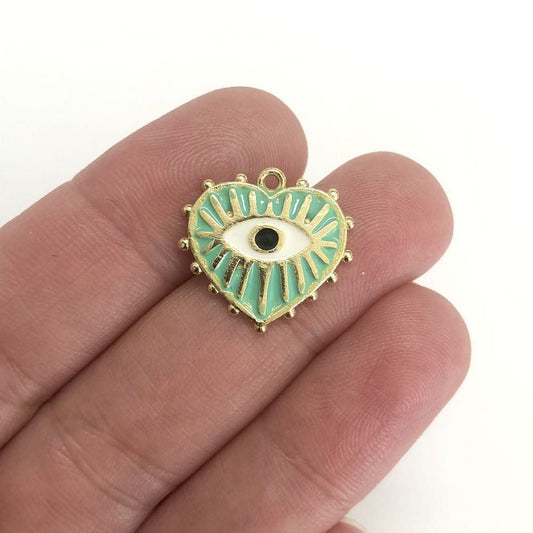 Gold Plated Enamel Eyed Heart Small - Mint