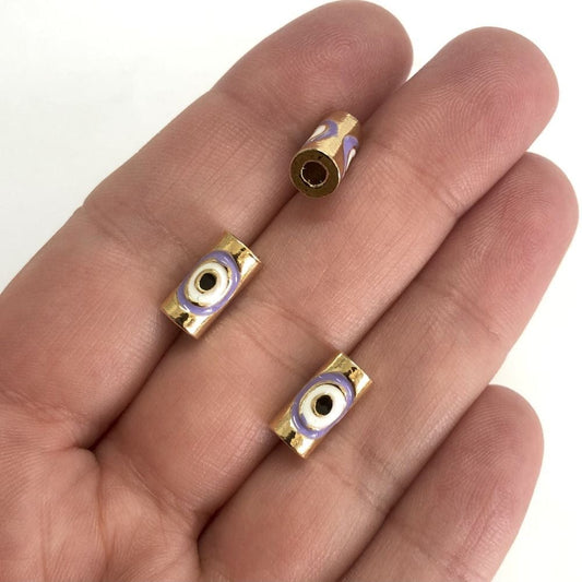 Gold Plated Enamel Cylinder Evil Eye Beads- Lilac