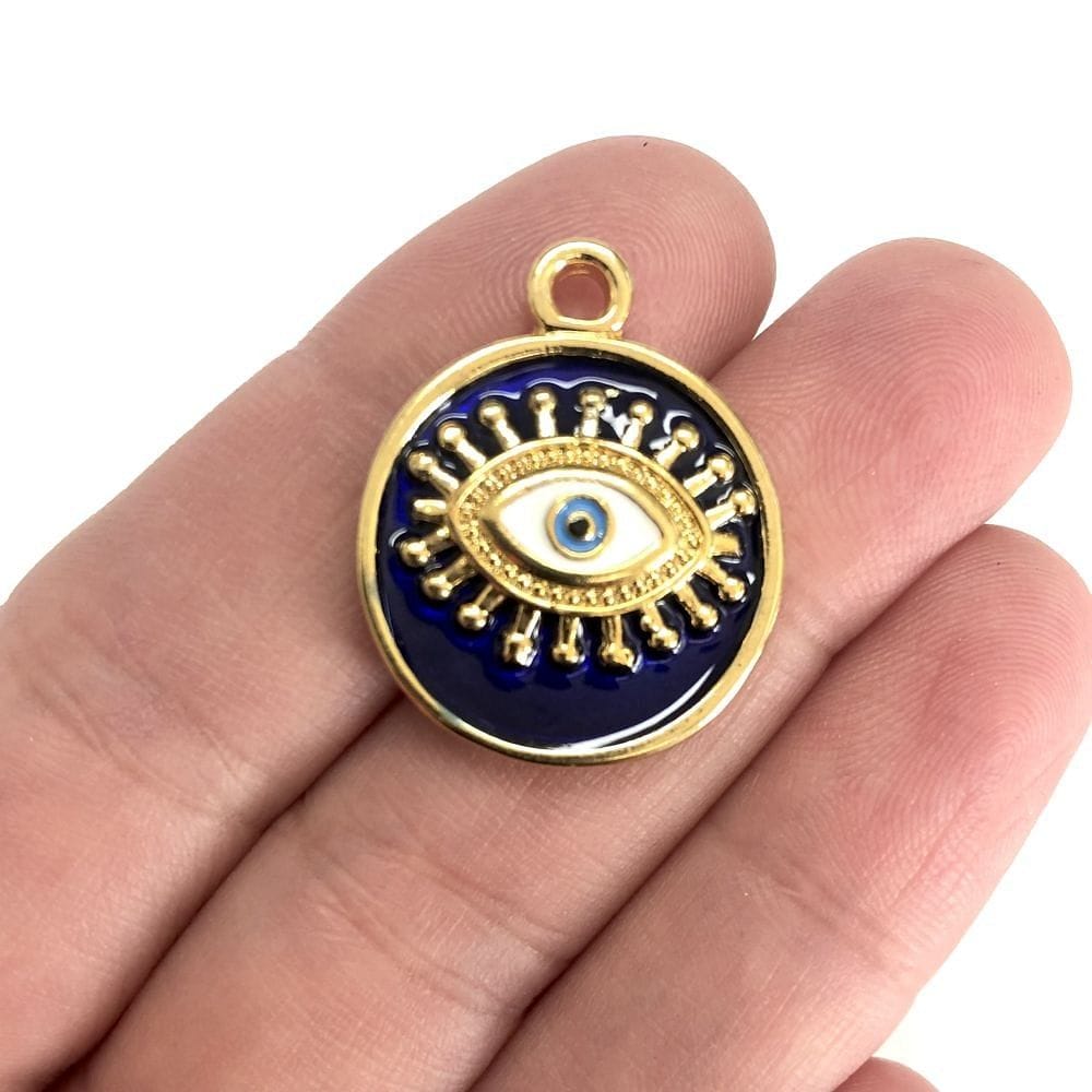 Gold Plated Enamel Eye Pendant - Navy Blue
