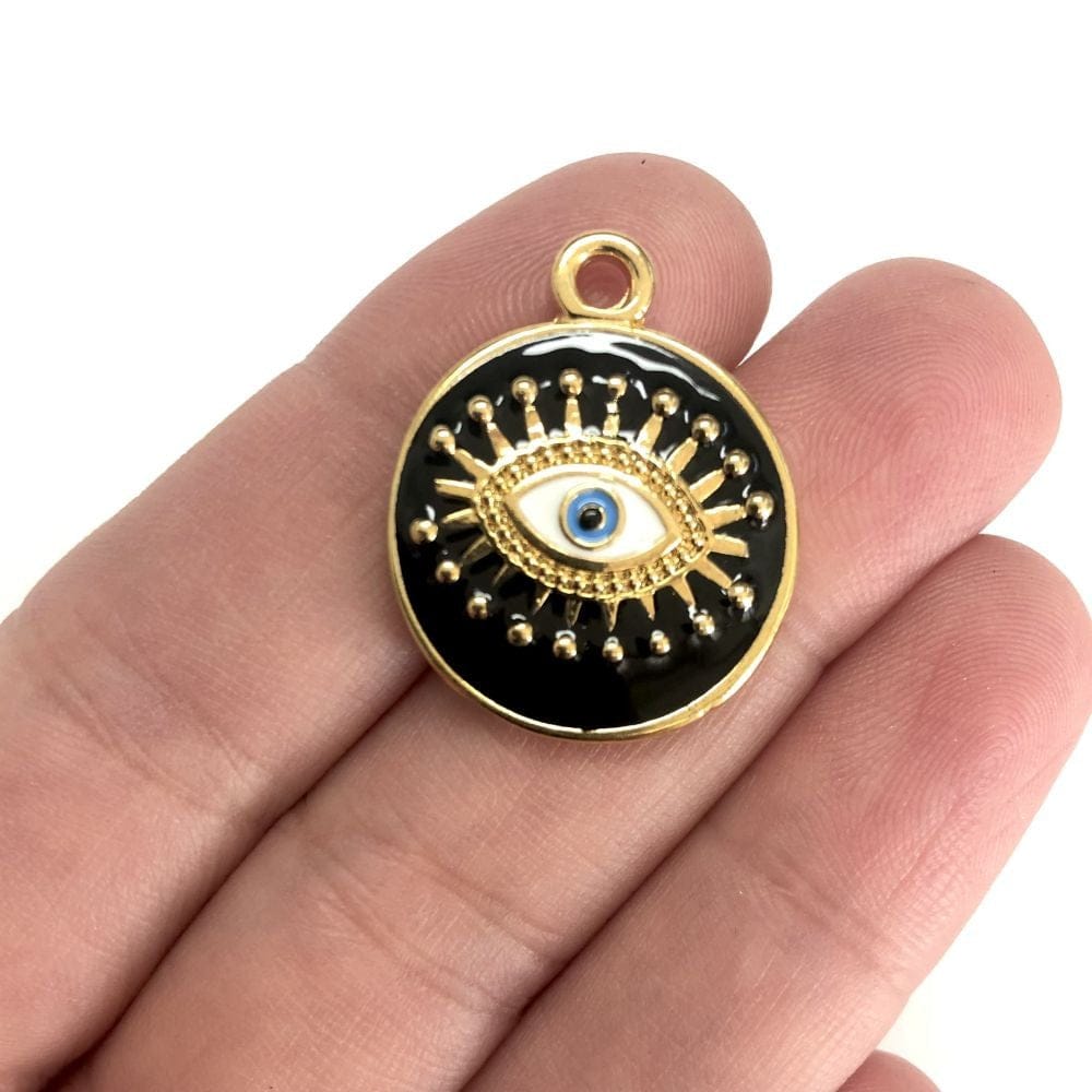 Gold Plated Enamel Eye Pendant - Black