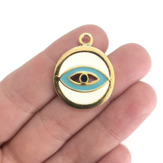 Gold Plated Enamel Eye Pendant - White