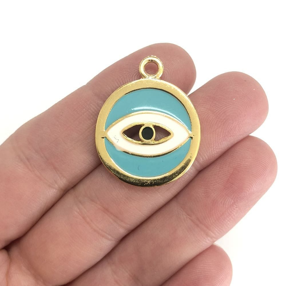 Gold Plated Enamel Eye Pendant - Blue