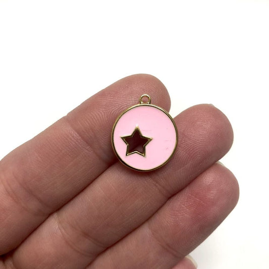Gold Plated Enamel Round Star Apparatus-Pink
