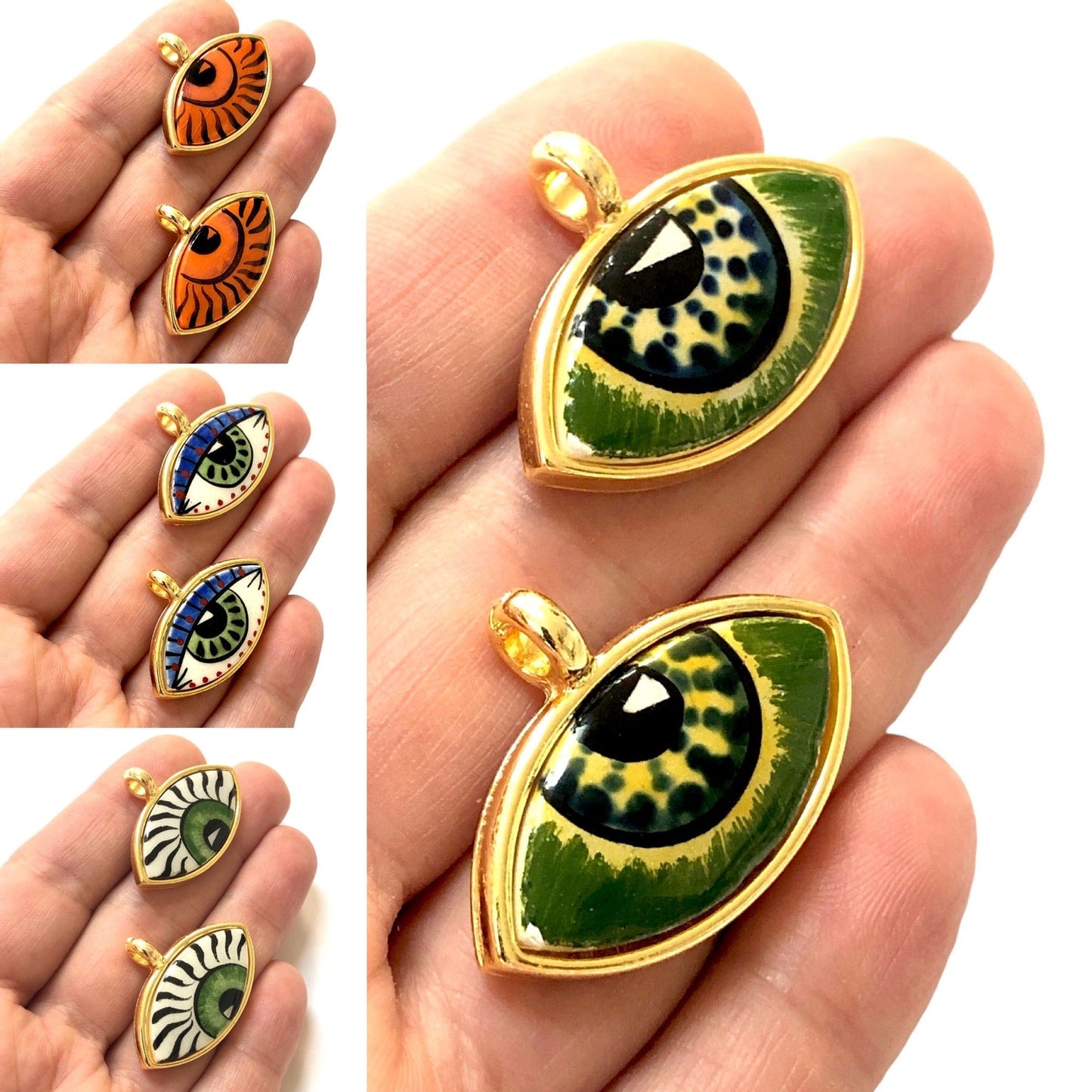 Large Gold Plated Framed Hand Painted Ceramic Eye Pendant-009