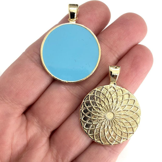 Gold Plated Enamel Medallion Pendant-Turquoise