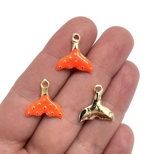 Gold Plated Enamel Whale Tail- Neon Orange