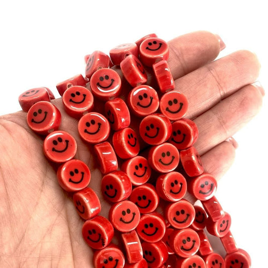 12mm Smiling Face Ceramic Beads - Red