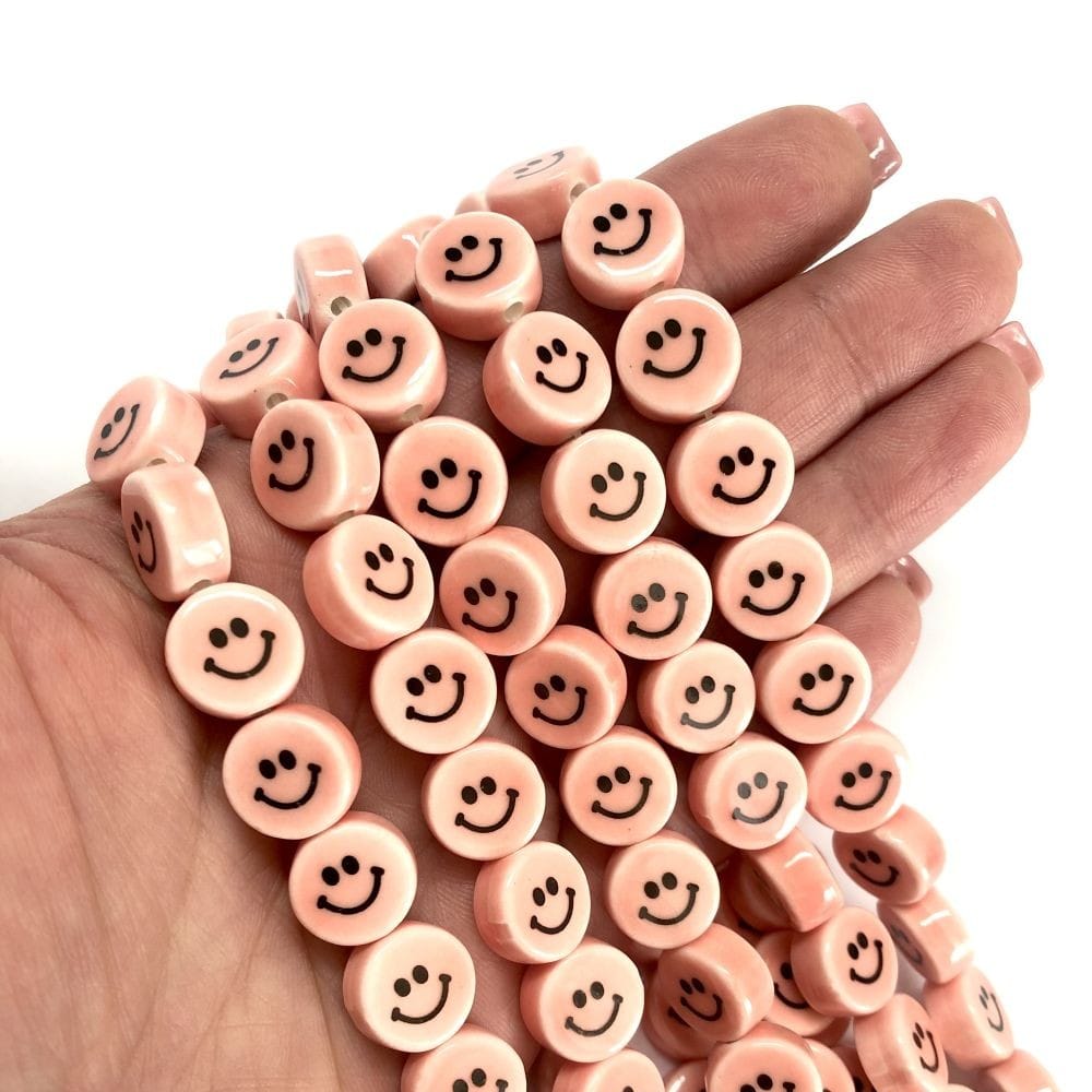 12mm Smiling Face Ceramic Beads - Salmon