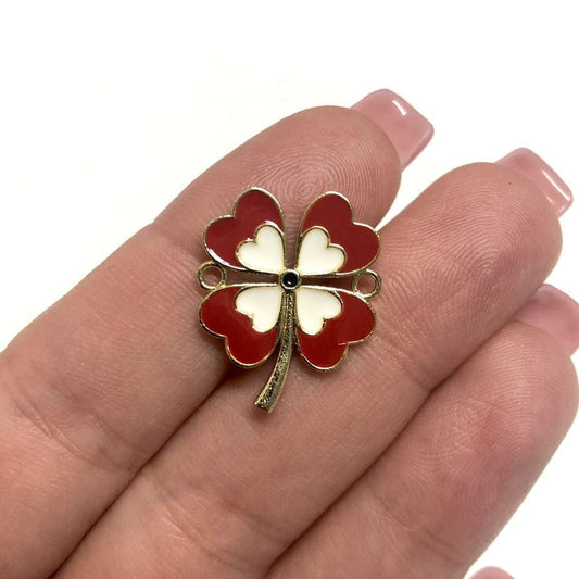 Gold Plated Enamel Double Handled Clover - Red