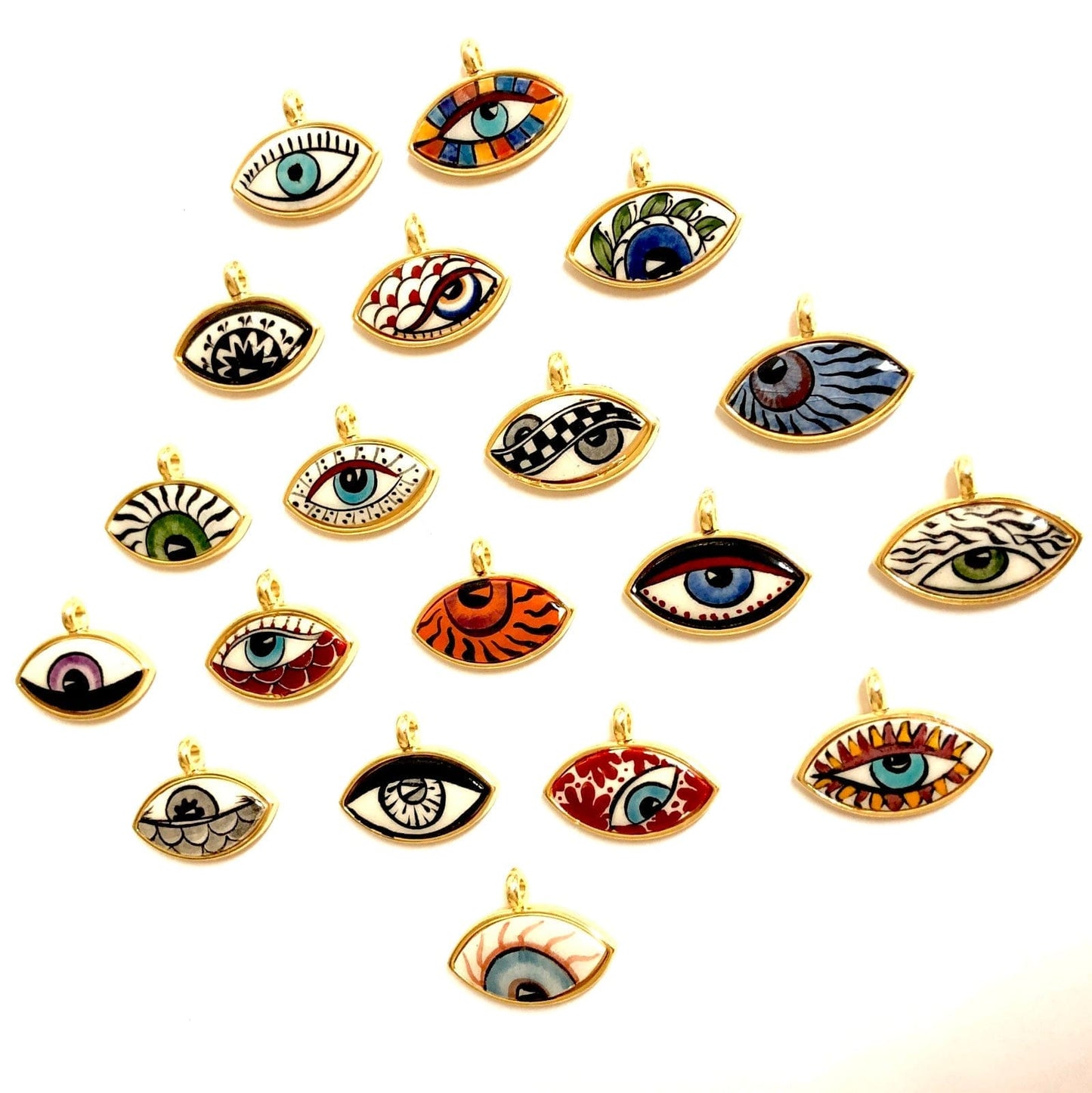Large Gold Plated Framed Hand Painted Ceramic Eye Pendant-022