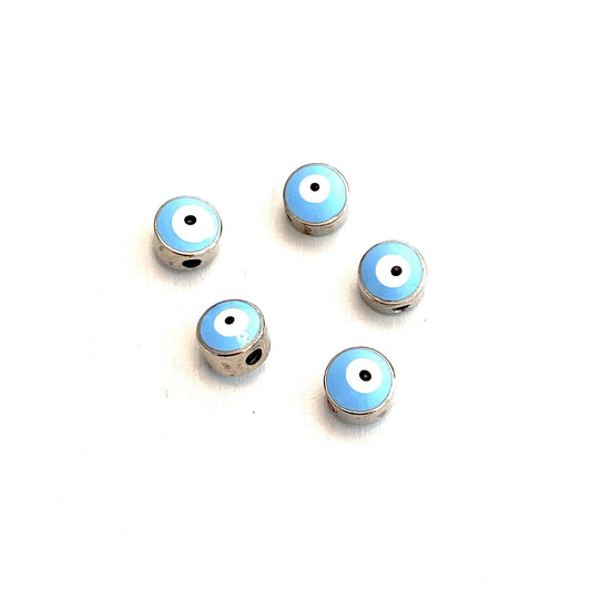 Rhodium Plated Plastered Evil Eye Beads 6mm - Blue