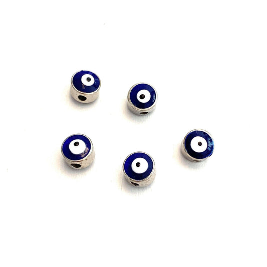 Rhodium Plated Plastered Evil Eye Beads 7mm - Navy Blue