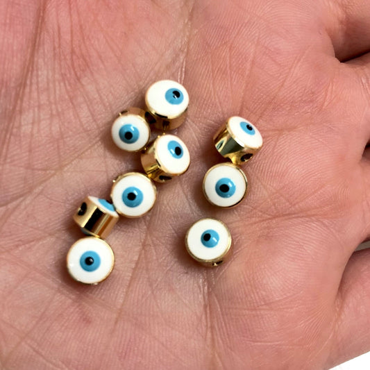 Gold Plated Plastered Evil Eye Beads 7mm - White 