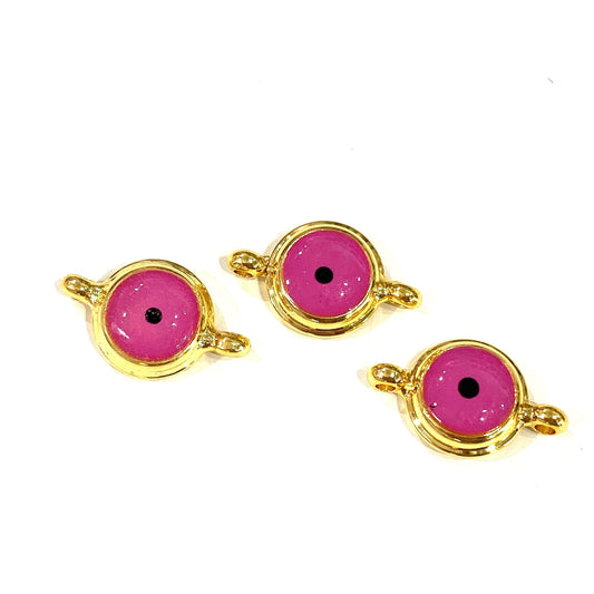 Gold Plated Double Handled Enamel Evil Eye Beads - Dark Pink