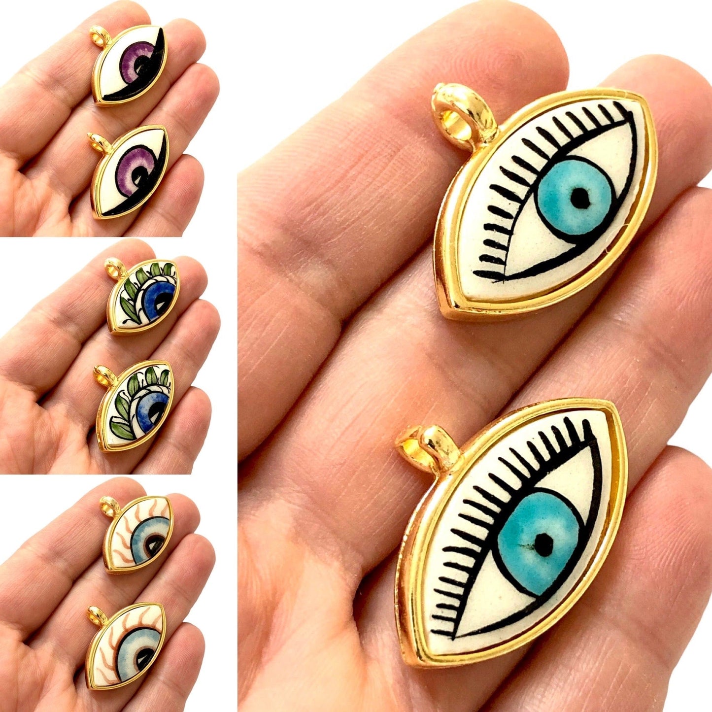Large Gold Plated Framed Hand Painted Ceramic Eye Pendant-026