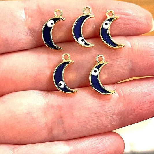 Gold Plated Enamel Evil Eye Crescent Hanging Apparatus - Navy Blue